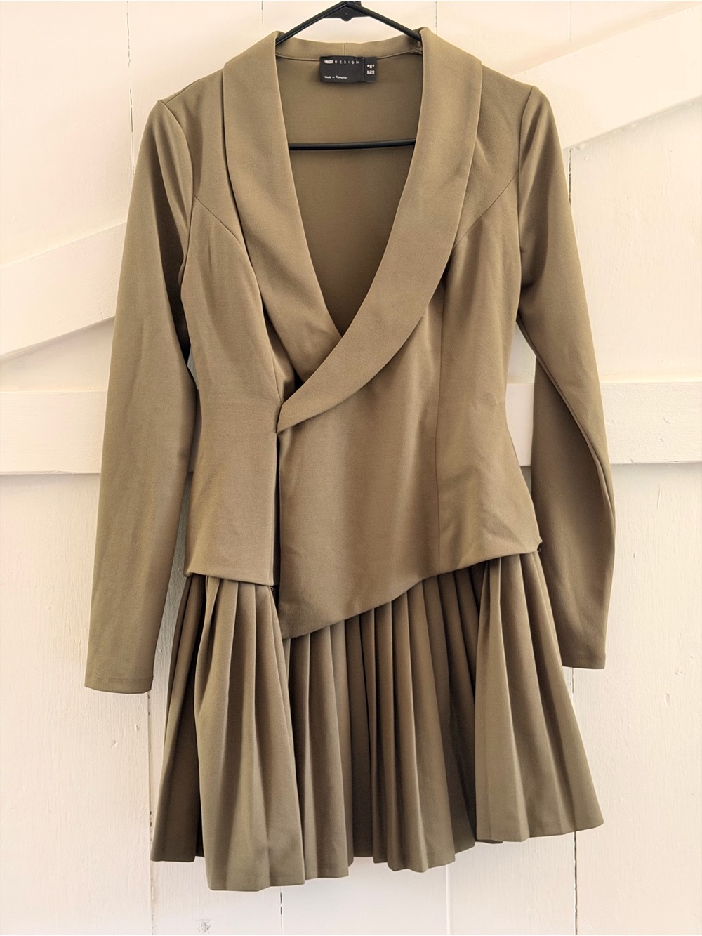 ASOS Olive Green Long Sleeve Pleated Dress